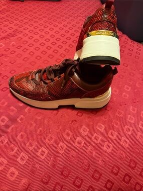 Michael Kors Burgundy Snakeskin-Effect Lace-Up Sneakers with White Sole